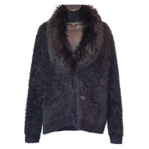 Black Rivet Black Fuzzy Jacket Faux Fur Collar Cozy Winter Layer Small